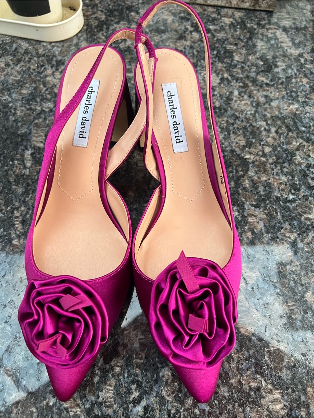 Charles David Fuchsia Satin Slingback Pumps with Rosette Detail
